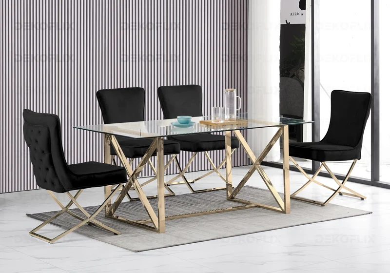 Chaise capitonnée pied croisé doré noire - Enzo x2