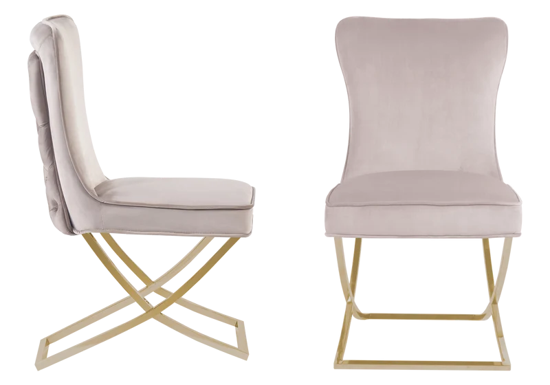 Chaise capitonnée pied croisé doré beige - Enzo x2