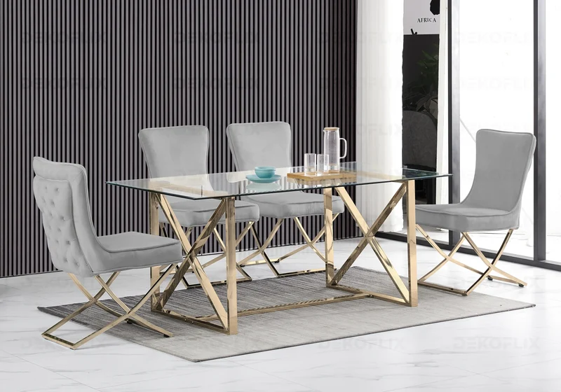 Chaise capitonnée pied croisé doré anthracite - Enzo x2