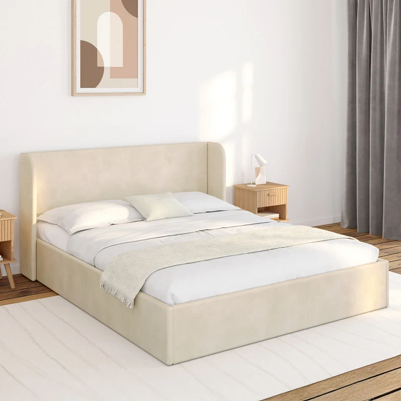 Lit coffre Lucia en velours beige avec sommier et tête de lit 160x200cm