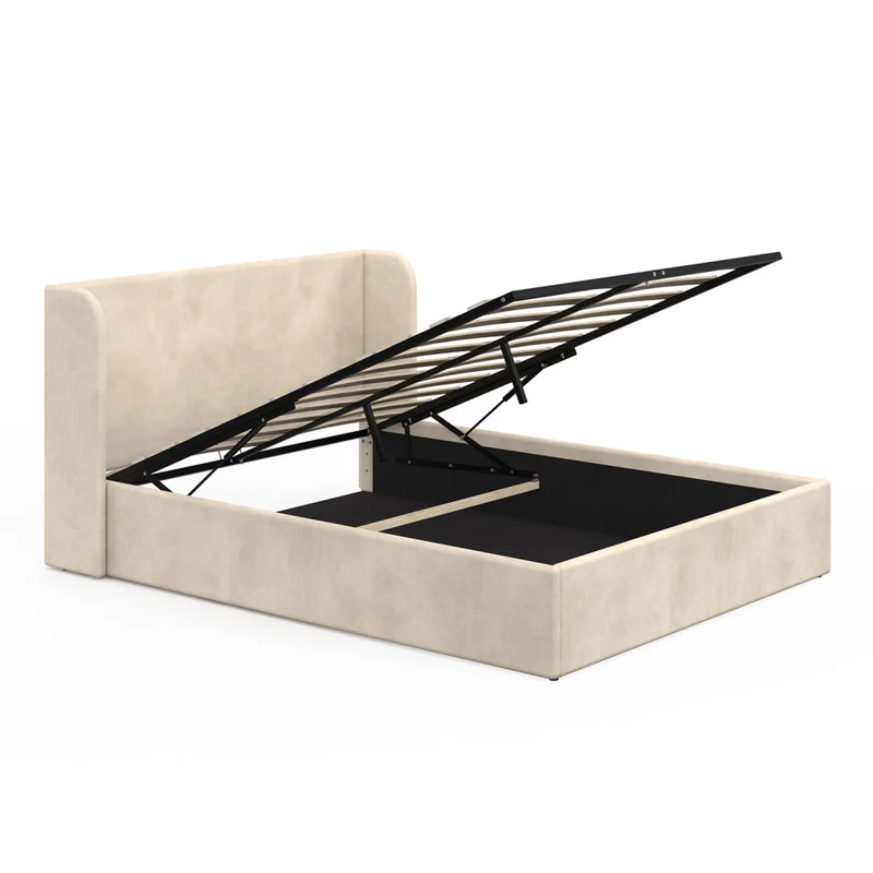 Lit coffre Lucia en velours beige avec sommier et tête de lit 140x190cm
