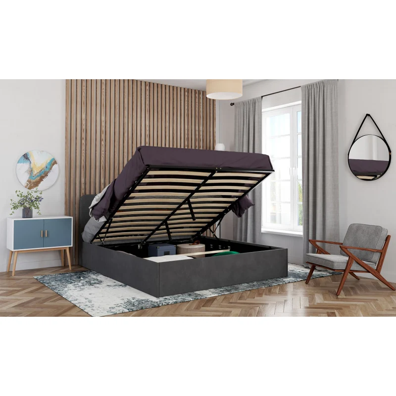 Lit coffre Louise en velours gris avec sommier et tête de lit arrondie 160x200cm