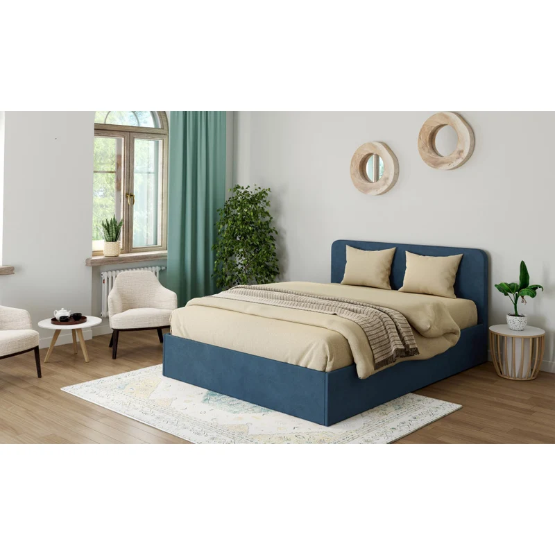 Lit coffre Louise en velours bleu avec sommier et tête de lit arrondie 140x190cm