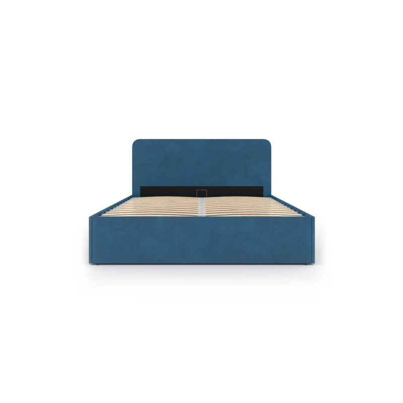 Lit coffre Louise en velours bleu avec sommier et tête de lit arrondie 140x190cm