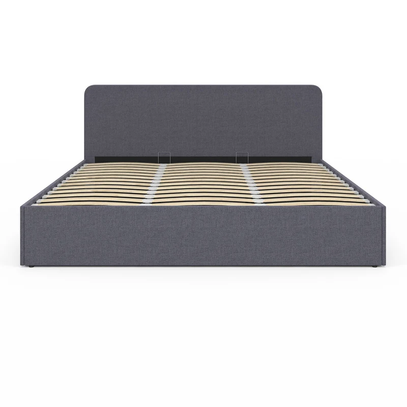 Lit coffre Louise en tissu gris avec sommier et tête de lit arrondie 180x200cm