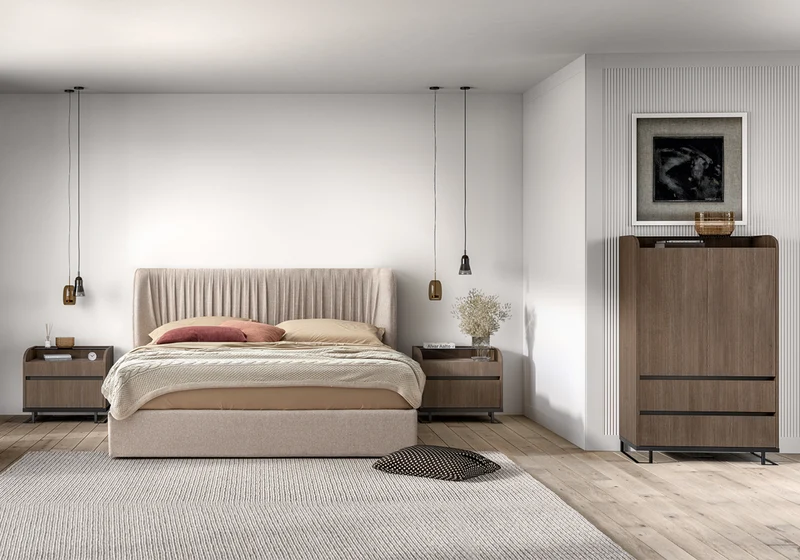 Lit coffre tissu beige moderne – Hexagon
