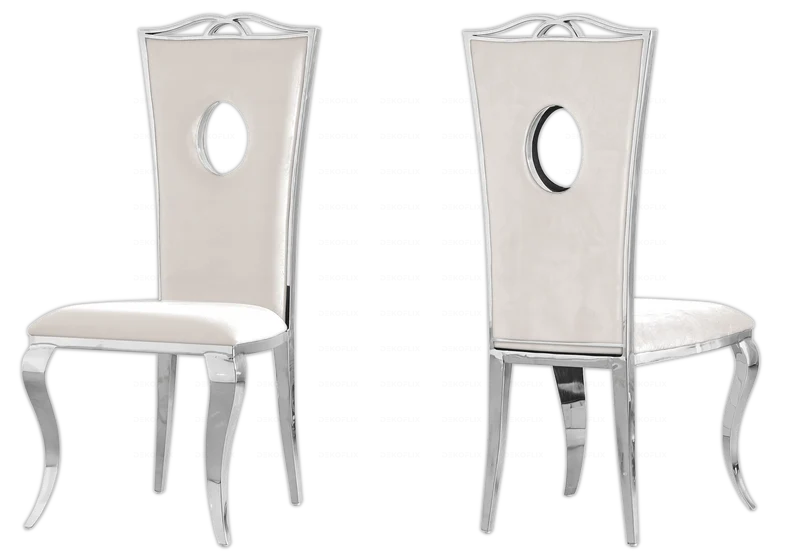 Chaise médaillon baroque argentée et velours beige - Pia x4