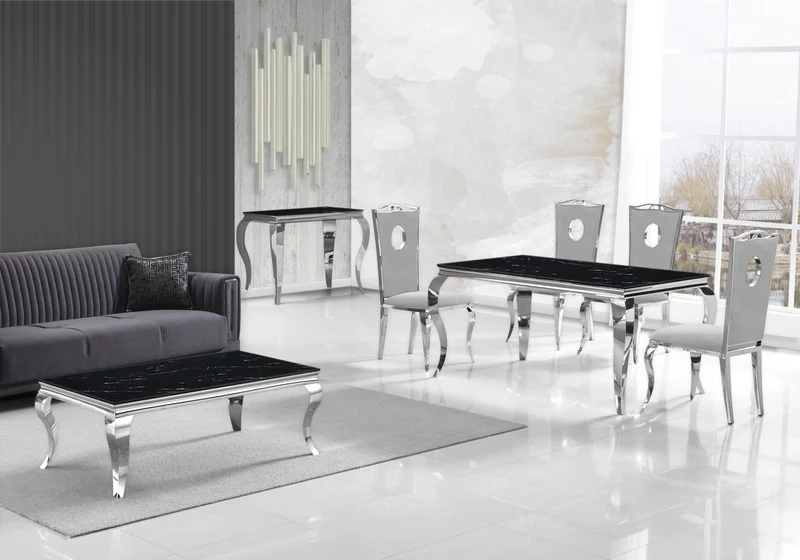 Chaise médaillon baroque argentée et velours gris - Pia x4