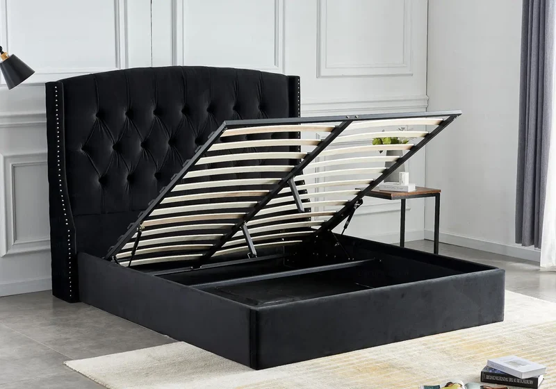 Lit coffre capitonné velours noir - Gina