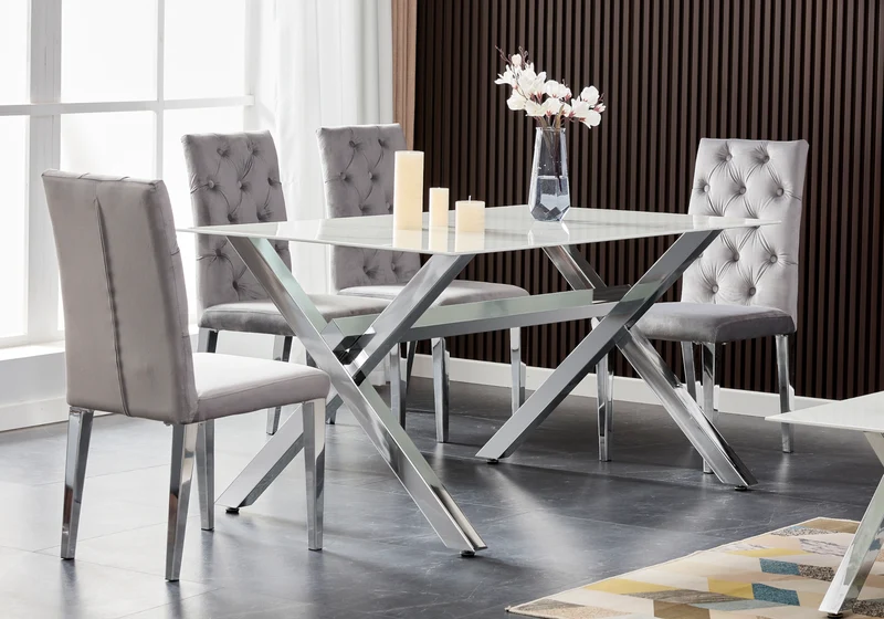 Chaise velours capitonnée anthracite pieds argent - Neva x4
