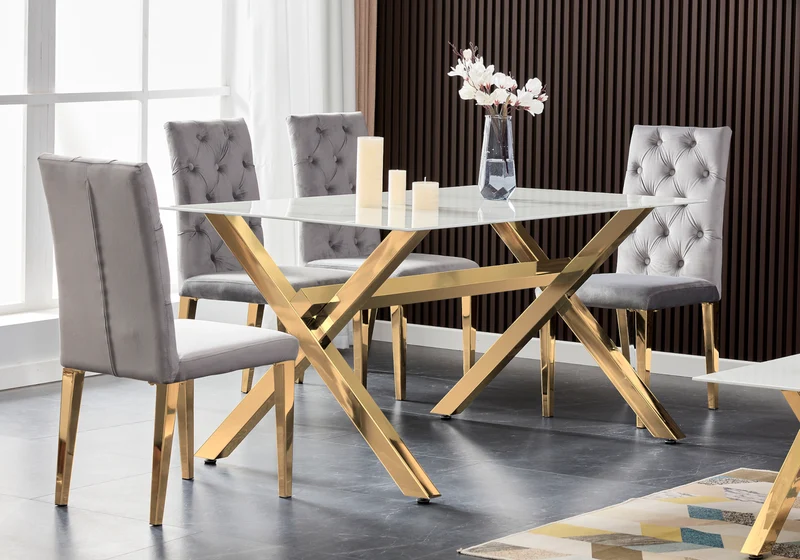 Chaise velours capitonnée beige pieds dorés - Neva x4