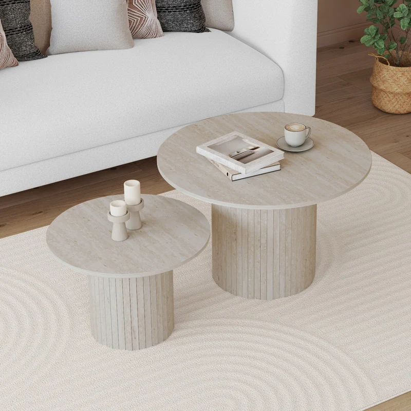 Tables basses rondes gigognes Alvar effet travertin et pieds lattes - lot de 2