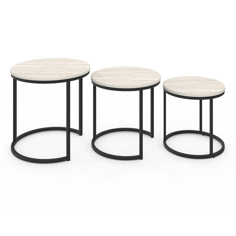 Tables basses gigognes Memphis effet travertin et pieds noirs - lot de 3
