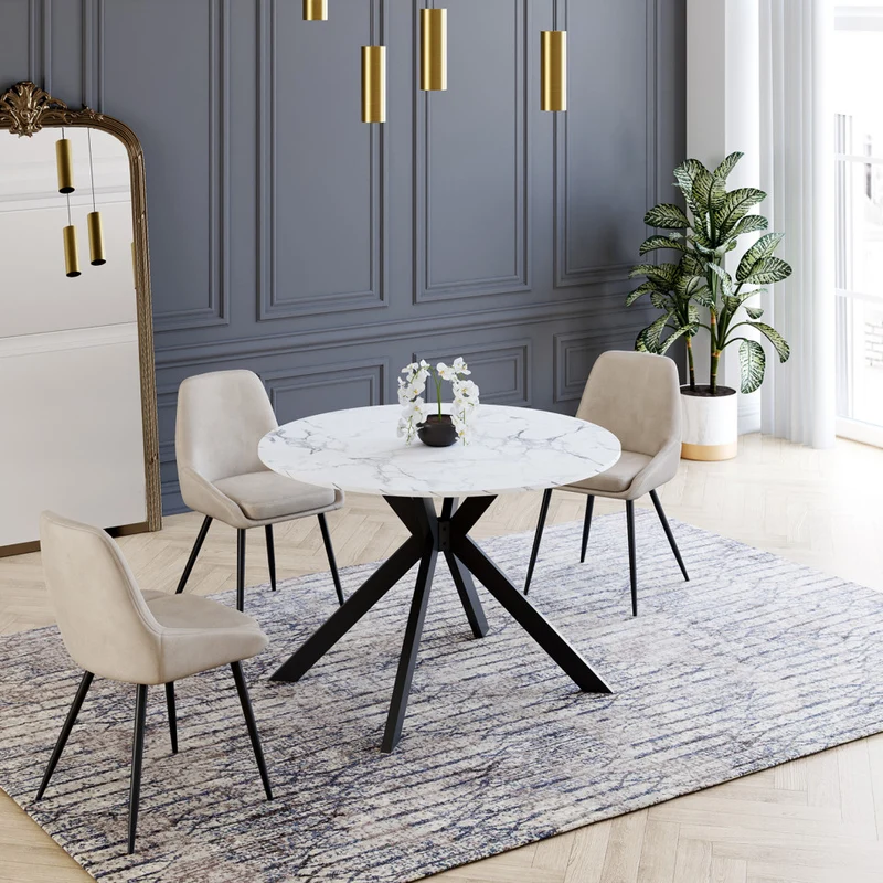 Table repas Spider plateau extensible 110-200cm rond effet marbre et pieds noirs