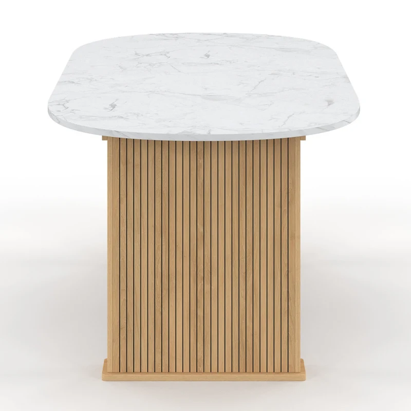 Table repas Marceau plateau extensible 160-200cm arrondi effet marbre et pieds lattes