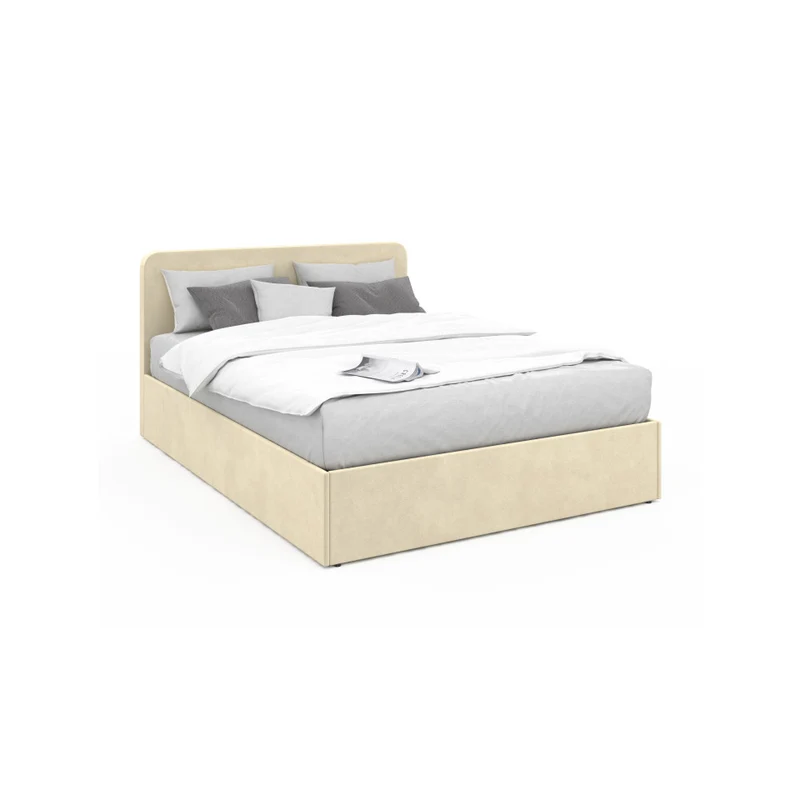Lit coffre Louise en velours beige avec sommier et tête de lit arrondie 140x190cm