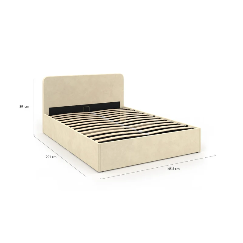 Lit coffre Louise en velours beige avec sommier et tête de lit arrondie 140x190cm