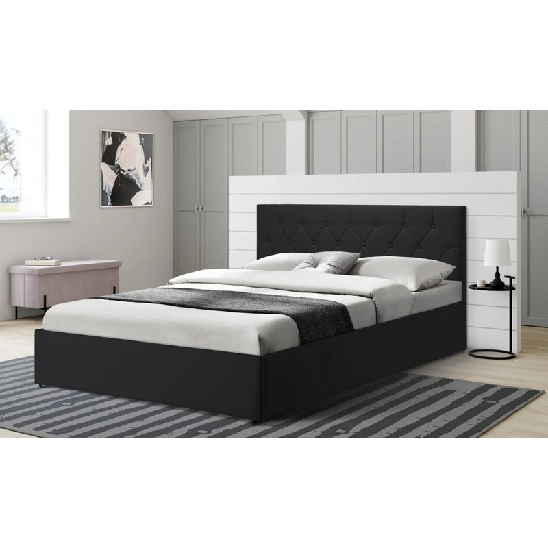 Lit coffre Hanna en PVC noir avec sommier et tête de lit 160x200cm
