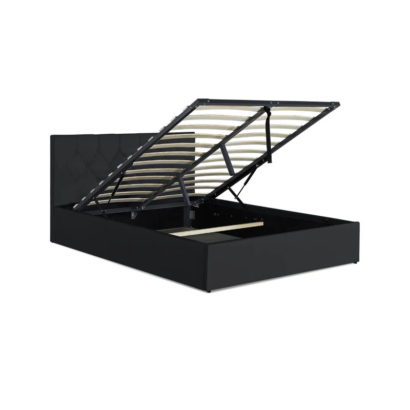 Lit coffre Hanna en PVC noir avec sommier et tête de lit 160x200cm
