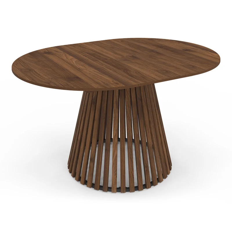 Table repas Camélia plateau rond extensible 110-150cm effet noyer et pieds lattes