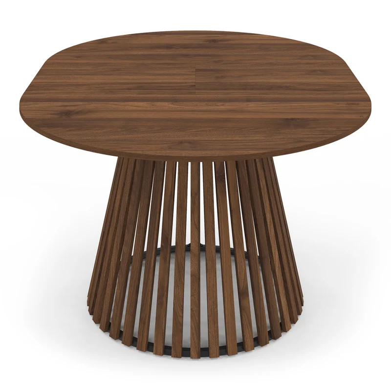 Table repas Camélia plateau rond extensible 110-150cm effet noyer et pieds lattes