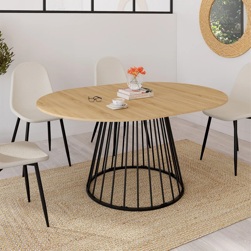 Table repas Adelle plateau rond extensible 110-150cm et pied filaire noir