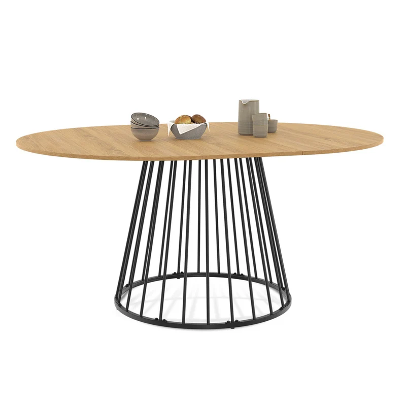 Table repas Adelle plateau rond extensible 110-150cm et pied filaire noir