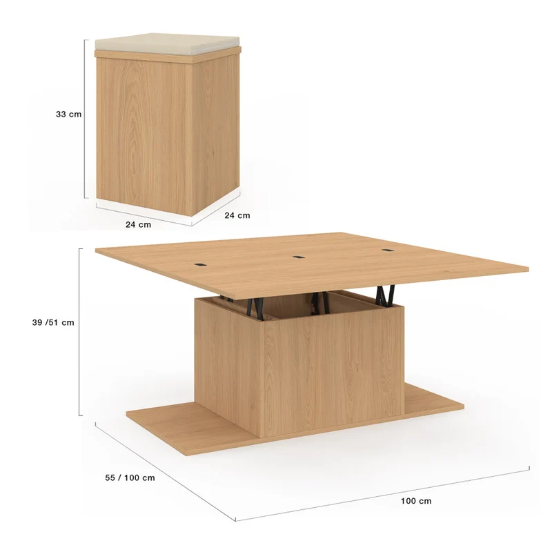 Table basse Tania 2 en 1 avec plateau dépliant et 4 assises
