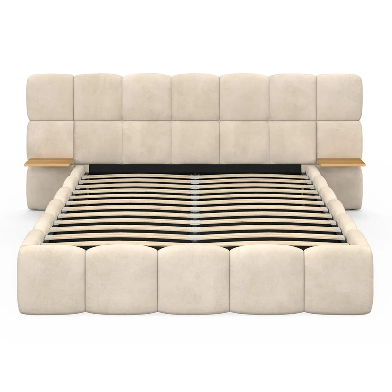 Lit coffre Bubble 140x190cm velours beige chevets intégrés