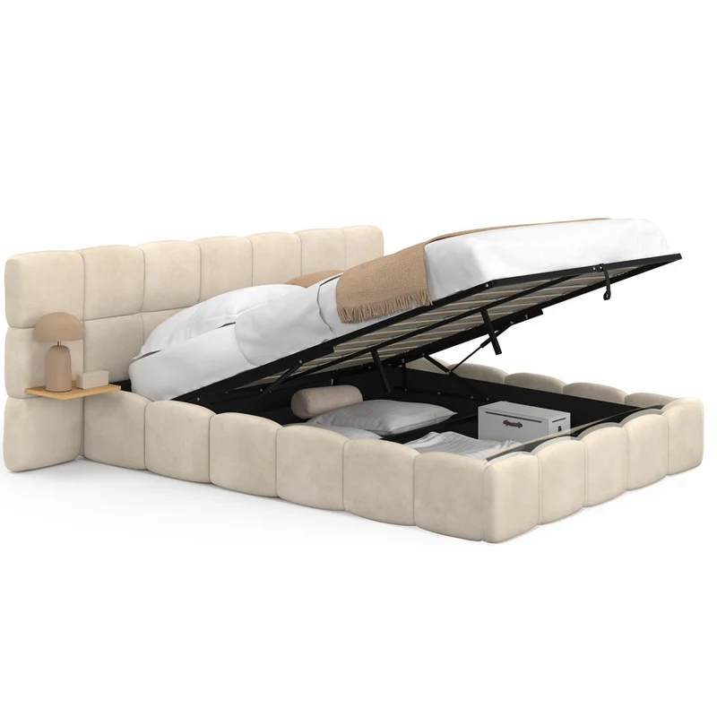 Lit coffre Bubble 140x190cm velours beige chevets intégrés