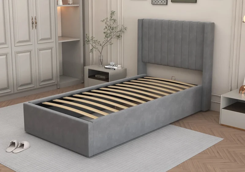 Lit velours coffre gris - Lova
