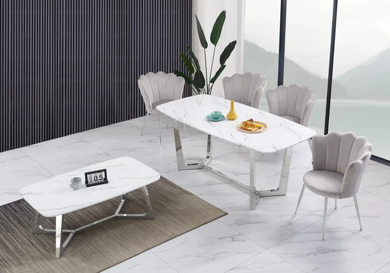 Chaise de table coquillage velours gris pieds argent - Nymea x2