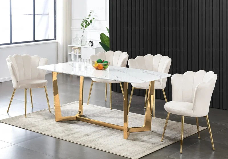 Chaise de table coquillage velours beige pieds or - Nymea x2