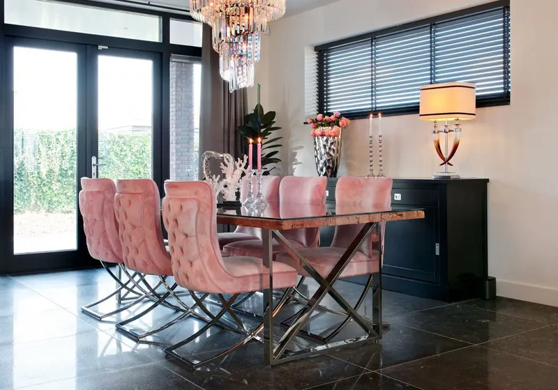 Chaise capitonnée pied croisé doré rose poudré - Enzo x2