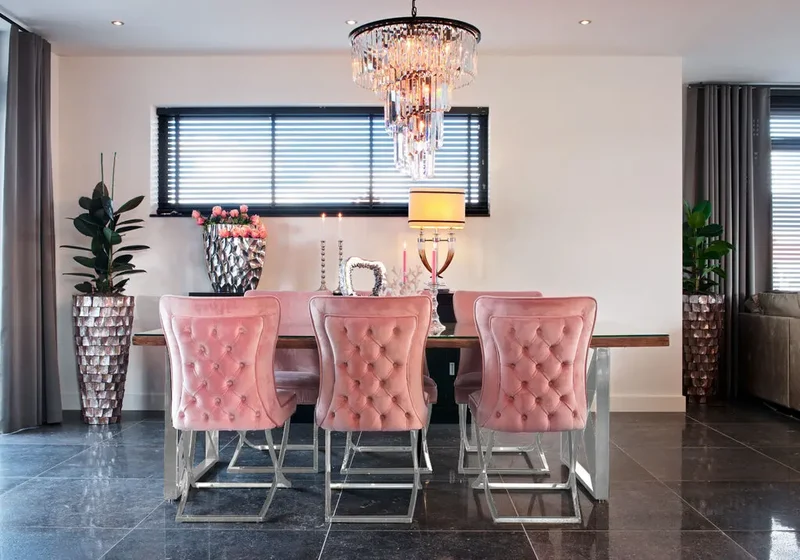 Chaise capitonnée pied croisé argent rose poudré - Enzo x2