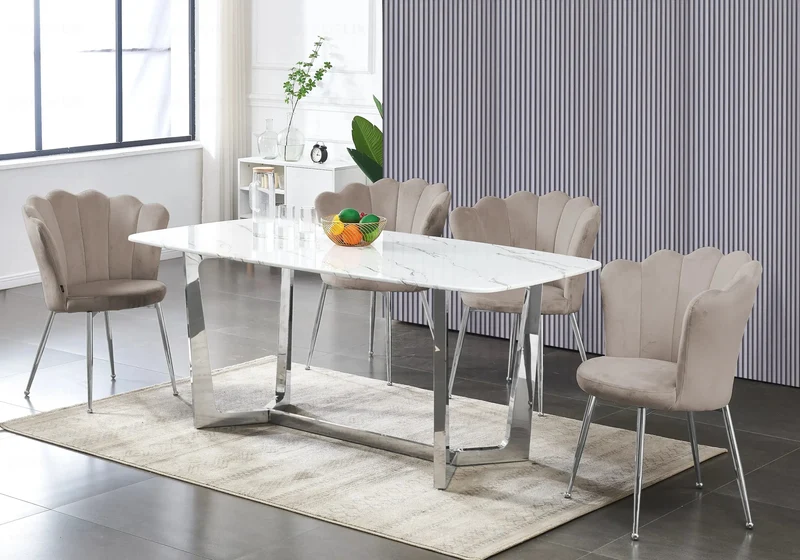 Chaise de table coquillage velours taupe pieds argent - Nymea x2