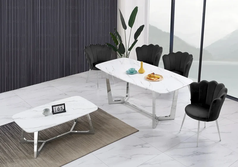Chaise de table coquillage velours noir pieds argent - Nymea x2