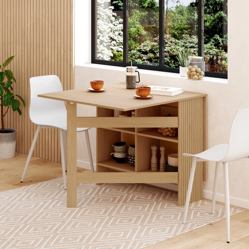 Table à manger dépliable Faustine avec rangement intégré bois et lattes 150cm