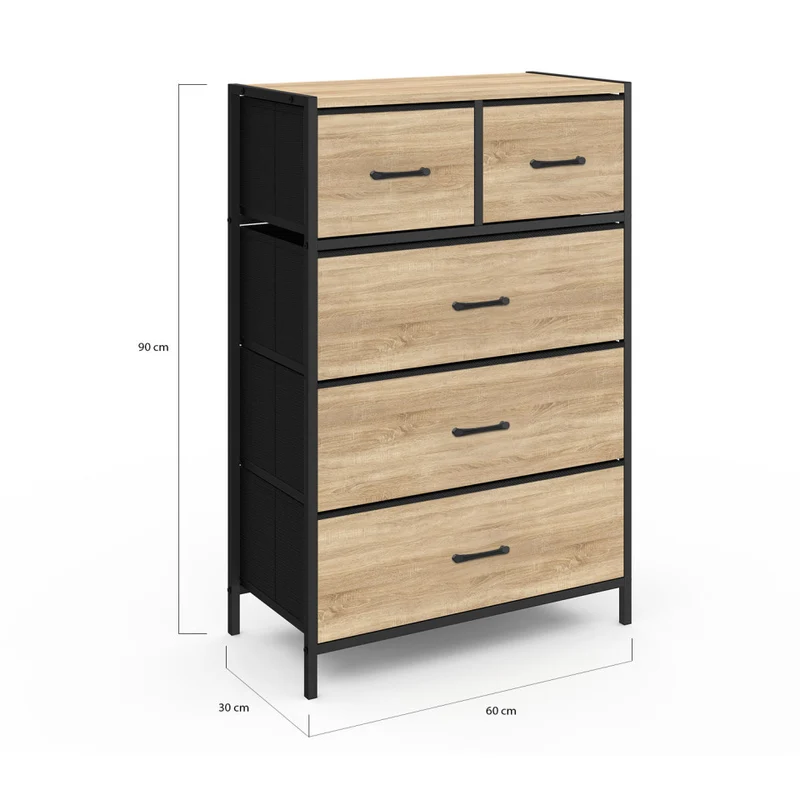 Chiffonnier Iris 5 tiroirs en bois et tissu