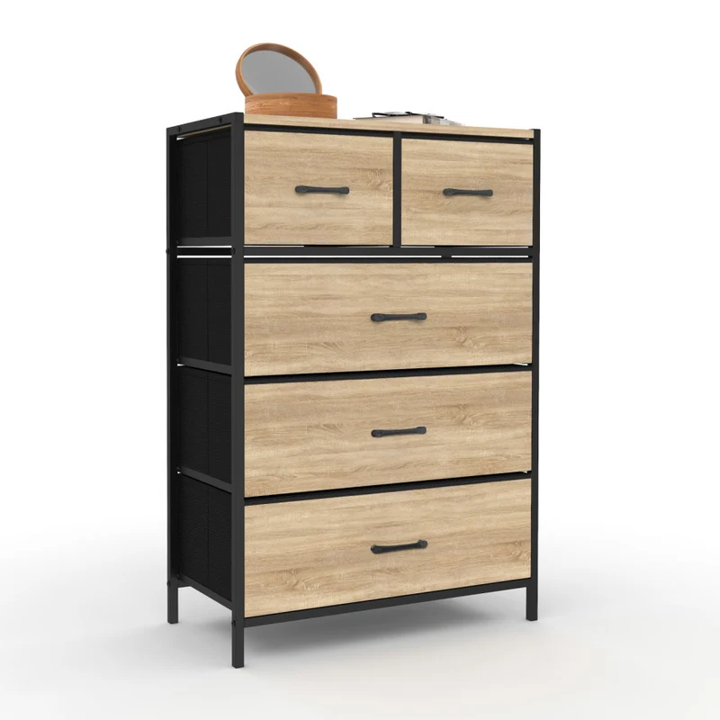 Chiffonnier Iris 5 tiroirs en bois et tissu
