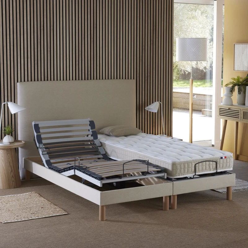 Lot de 2 lits électriques de relaxation multi lattes lisse Beige2x80 x 200