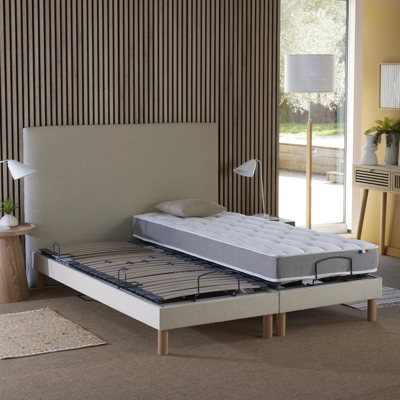 Ensemble lit électrique relaxation multi lattes + Matelas Mousse à mémoire de forme Couleur Beige 2x80 x 200