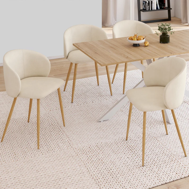 Chaises Léona velours crème et pieds métal bois - lot de 4