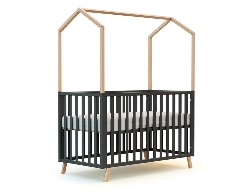 Lit cabane bébé évolutif Hêtre Verni et Gris Graphite 60 x 120 cm