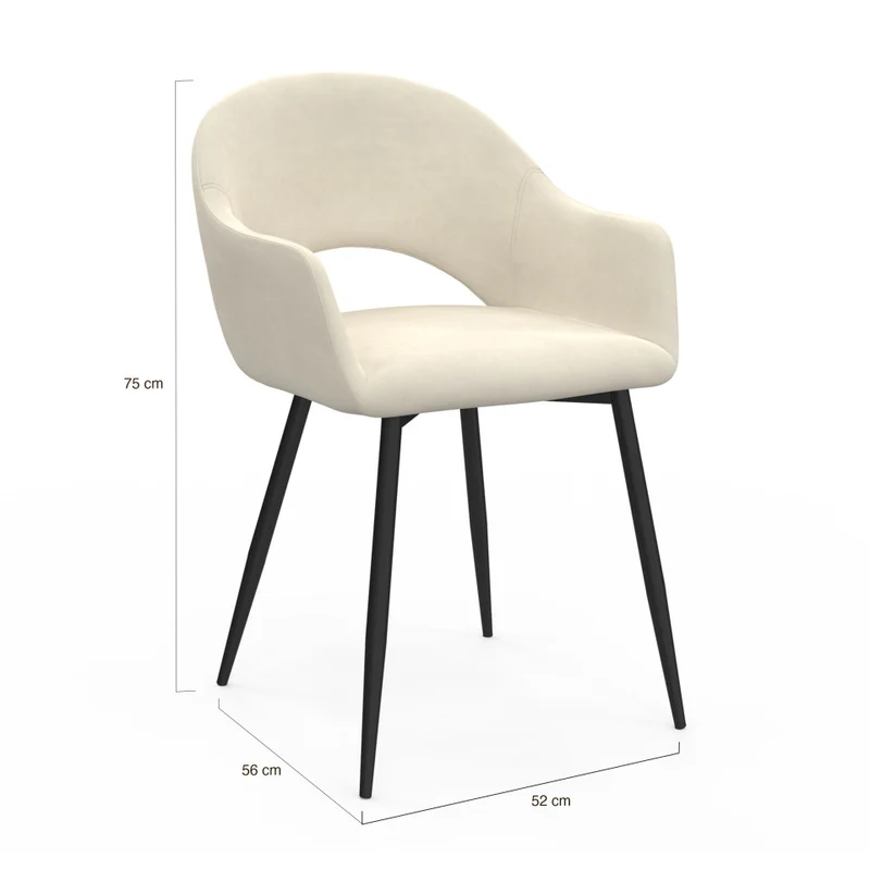 Chaises avec accoudoirs Rebecca en velours crème et pieds métal - lot de 2