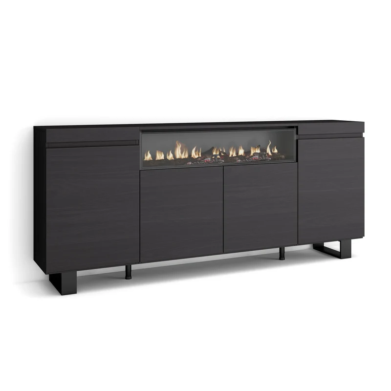 Buffet salon et cuisine - Meuble de Rangement- Commode - Cheminée électrique - 200 x 87 x 35 cm - Design industriel noir