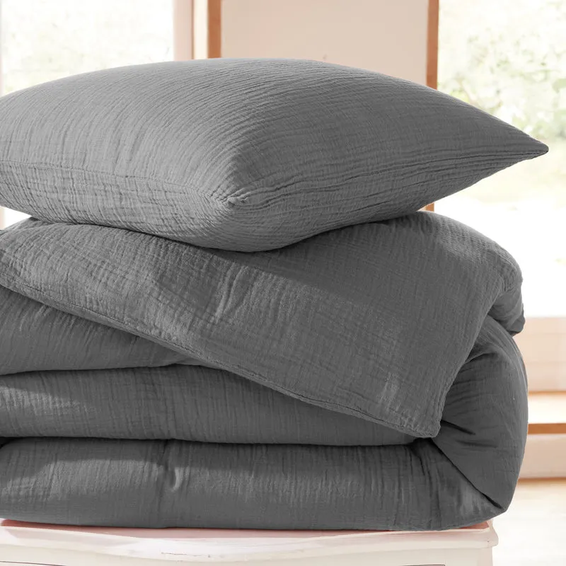 Pack 3 pièces Housse de couette - 260x240cm + 2 taies d'oreiller 65X65cm gaze de coton Ardoise