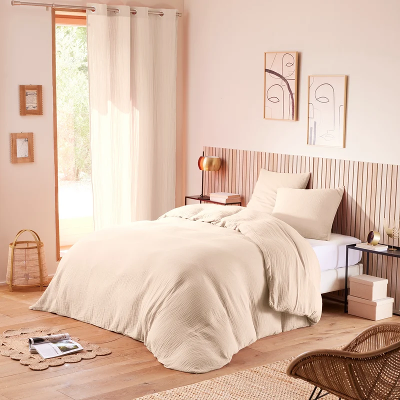 Pack 3 pièces Housse de couette - 240x220cm + 2 taies d'oreiller 65X65cm gaze de coton Naturel