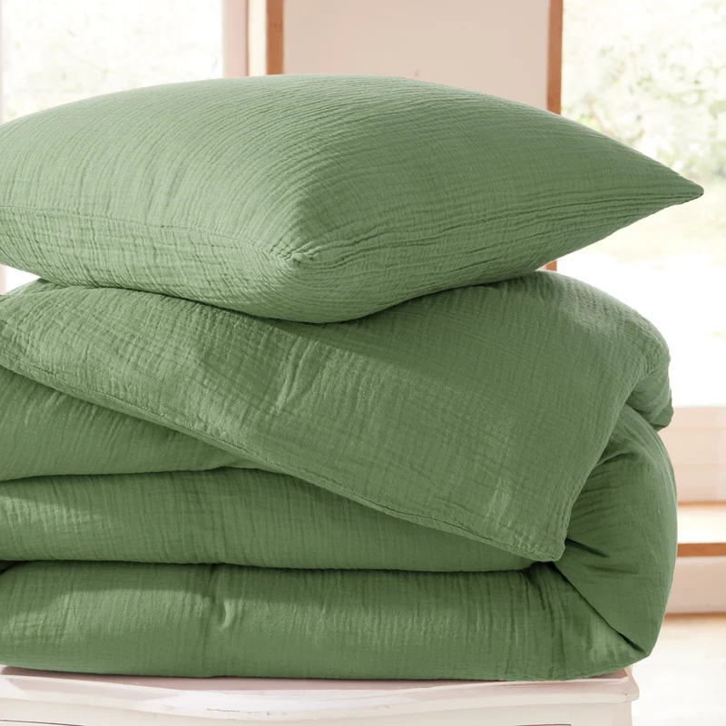 Pack 2 pièces Housse de couette - 140x200cm + 1 taie d'oreiller 65X65cm gaze de coton Olive