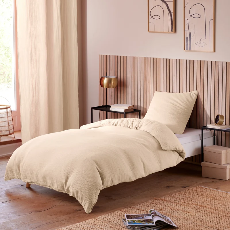 Pack 2 pièces Housse de couette - 140x200cm + 1 taie d'oreiller 65X65cm gaze de coton Naturel